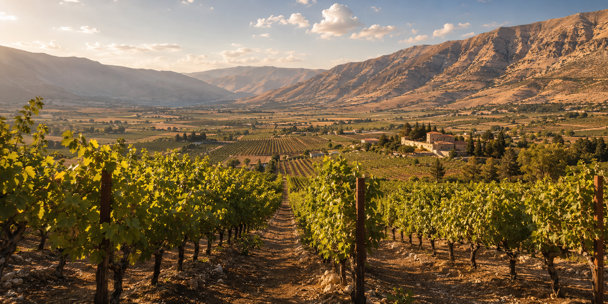 Lebanese vineyards in the Bekaa Valley surrounded by mountain landscapes
