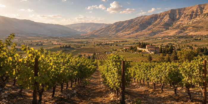 Lebanese vineyards in the Bekaa Valley surrounded by mountain landscapes