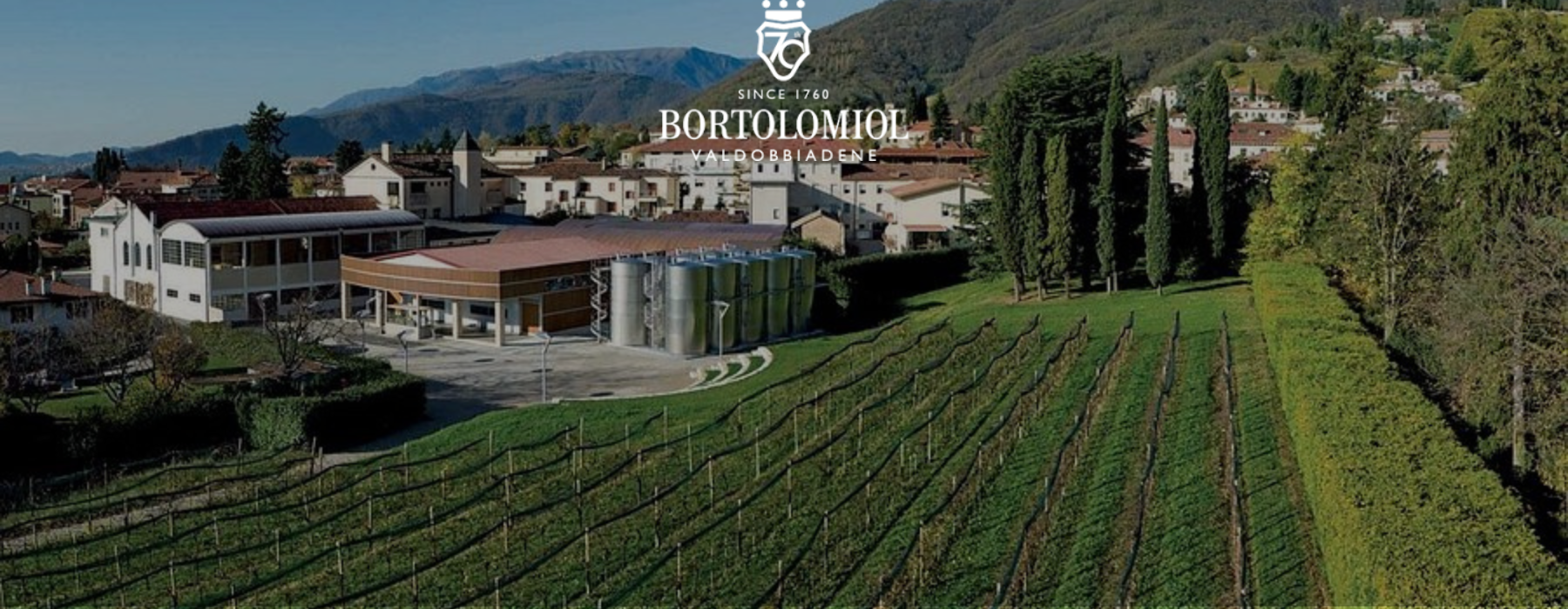 Bortolomiol Prosecco winery landscape in Valdobbiadene, Veneto, representing elegant Italian sparkling wines from Conegliano Valdobbiadene.