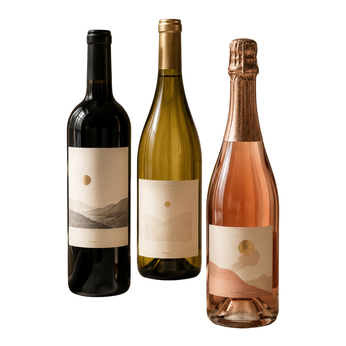 Three elegant wine bottles — red, white, and rosé sparkling — styled beside a gift box in warm natural light, representing vino.sg Discovery Sets.