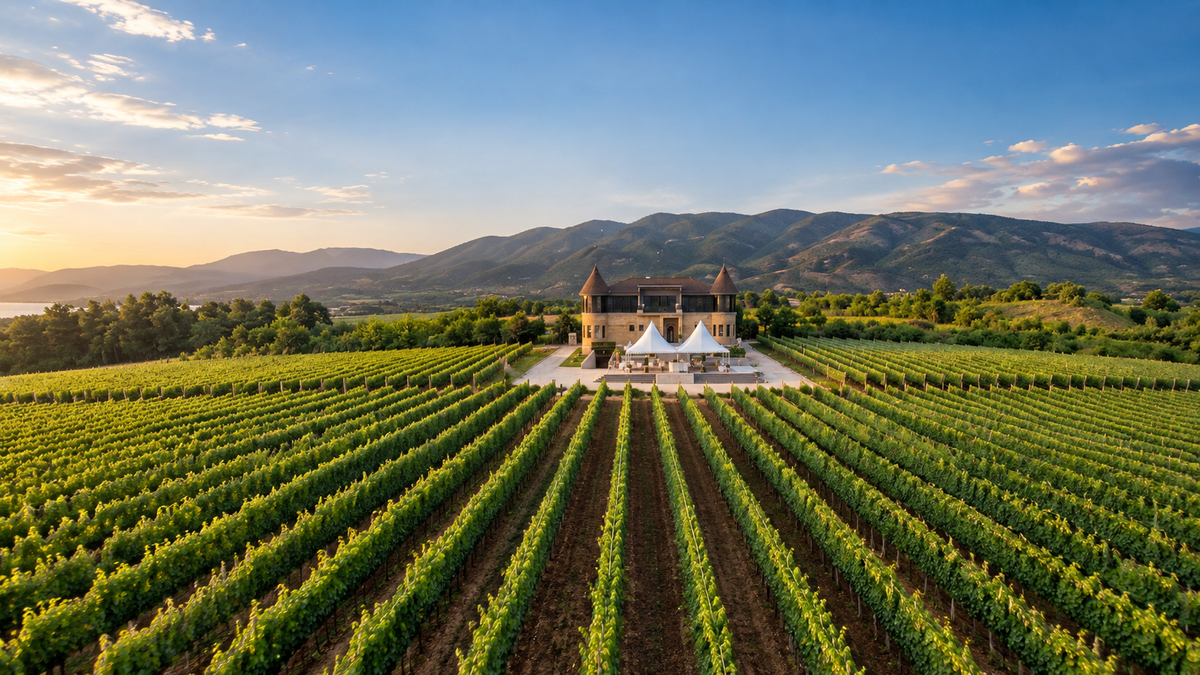 Château Kamnik hero image showing vineyard rows, winery estate and hills in North Macedonia