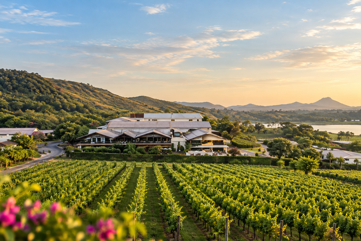 Sula Vineyards hero image showing vineyard rows, winery estate and hills in Nashik, India