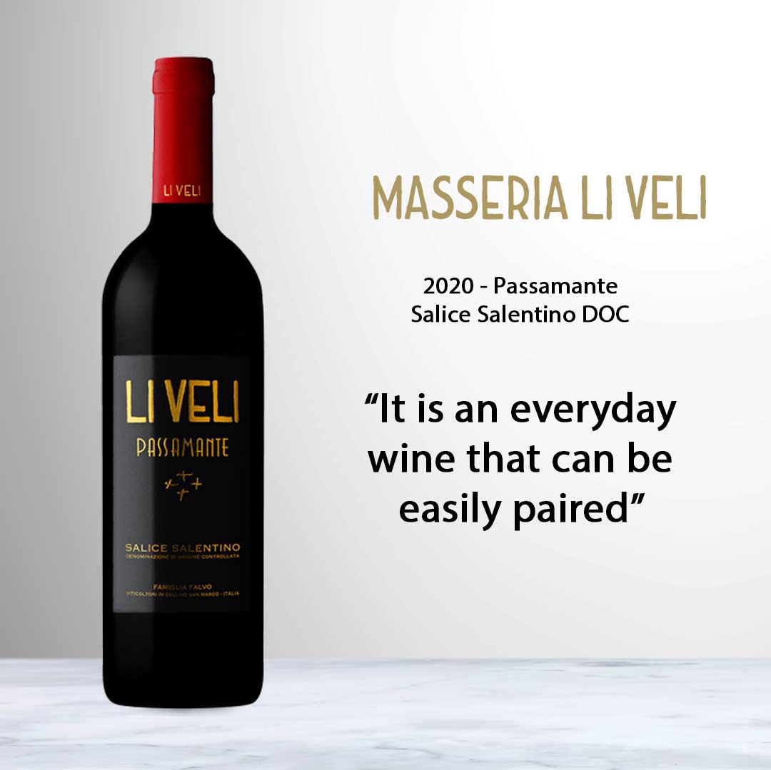 Bottle of Li Veli Passamante Salice Salentino DOC 2020 red wine from Puglia, Italy.