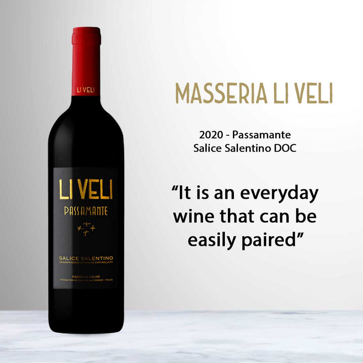Bottle of Li Veli Passamante Salice Salentino DOC 2020 red wine from Puglia, Italy.