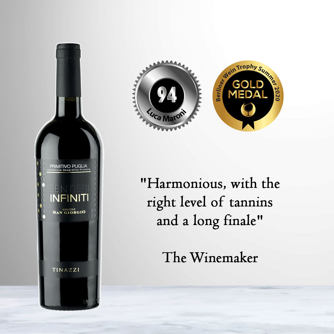 Bottle of Cantine San Giorgio Sentieri Infiniti Primitivo Puglia 2021 Red Wine | Puglia, Italy.