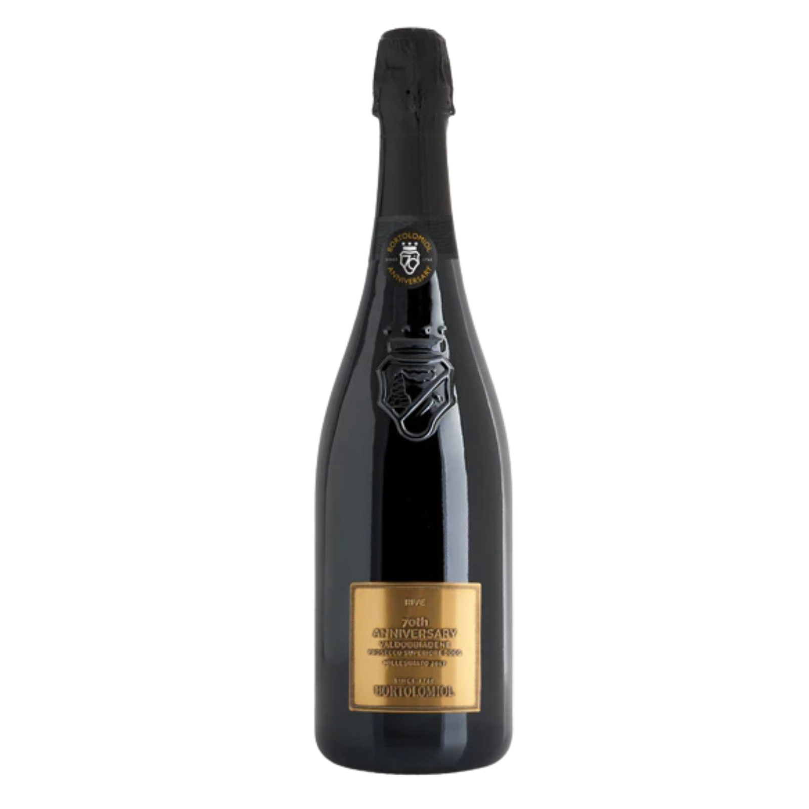 Bottle of Bortolomiol Rive 70th Anniversary Valdobbiadene Prosecco Superiore DOCG Brut 2020 from Veneto, Italy.