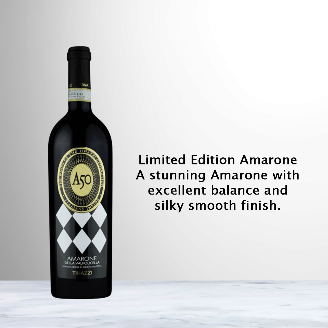Bottle of Tinazzi A50 Amarone della Valpolicella Riserva 2018 Italian red wine from Veneto made in the traditional Amarone style.