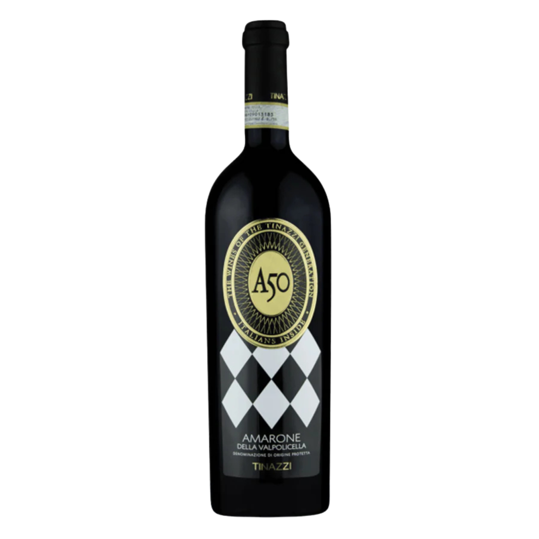 A bottle of Amarone del Val Padana Riserva by Trazzoni, featuring a black glass bottle with a black label decorated with a gold circular 'A50' seal and a black-and-white diamond pattern.