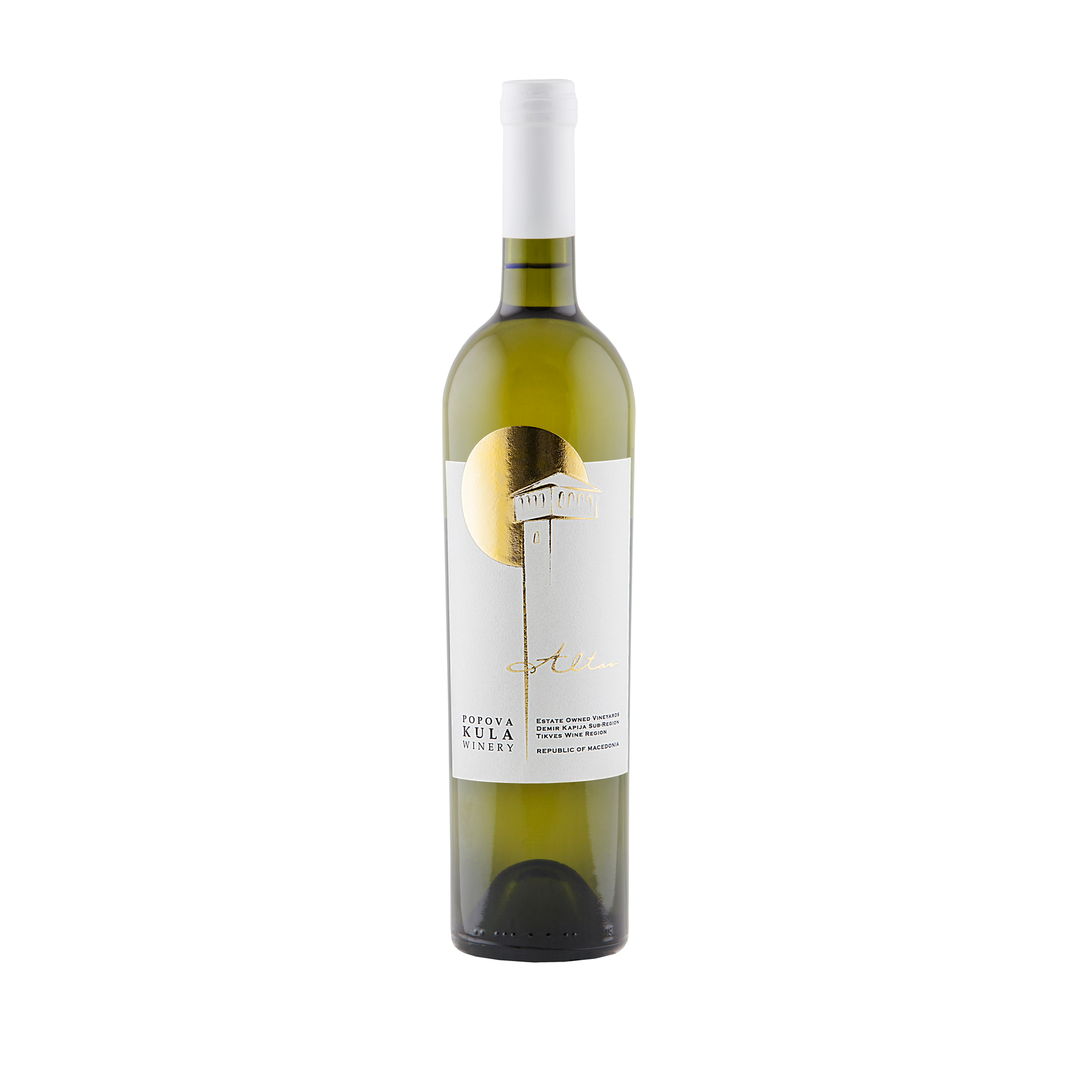 Bottle of Popova Kula Altan white wine from Tikveš, North Macedonia, showing a bright lemon-yellow wine. Macedonian white blend available for delivery in Singapore.