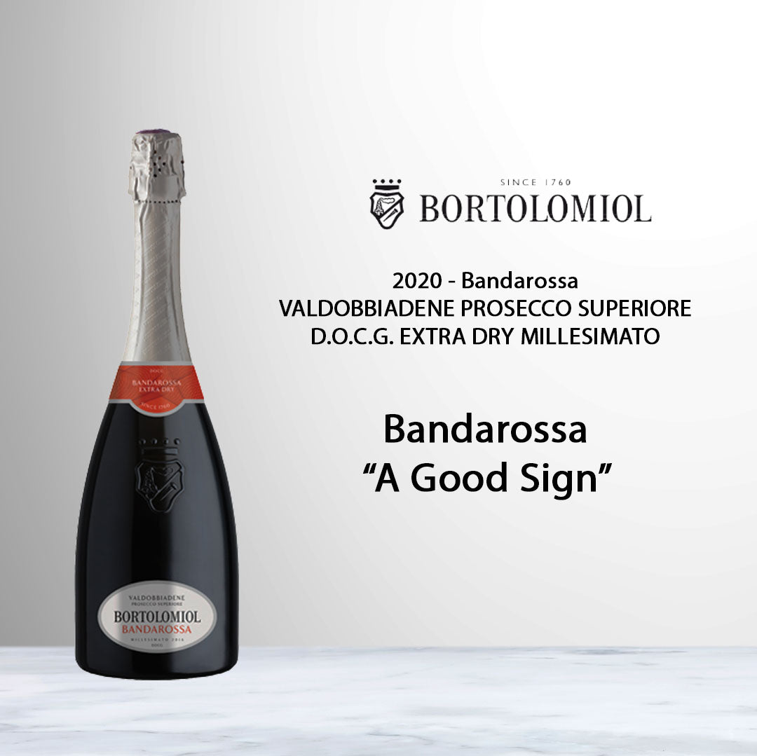Bottle of Bortolomiol Bandarossa Valdobbiadene Prosecco Superiore DOCG Extra Dry 2020 from Veneto, Italy.