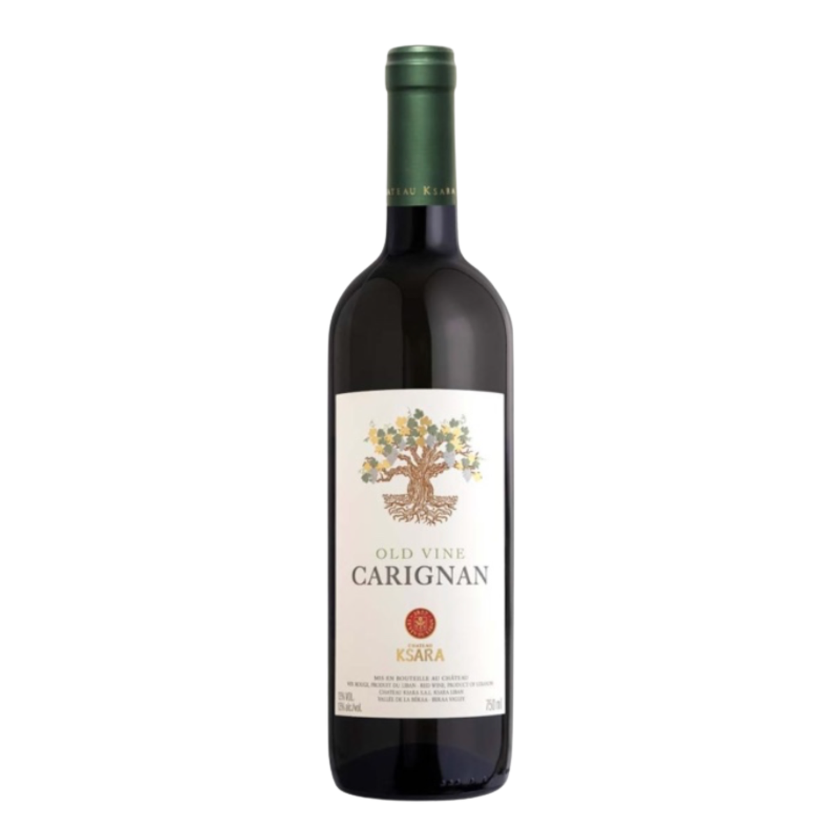 Bottle of Château Ksara Carignan 2020 red wine from Lebanon, made from old-vine Carignan grown in the West Bekaa Valley.