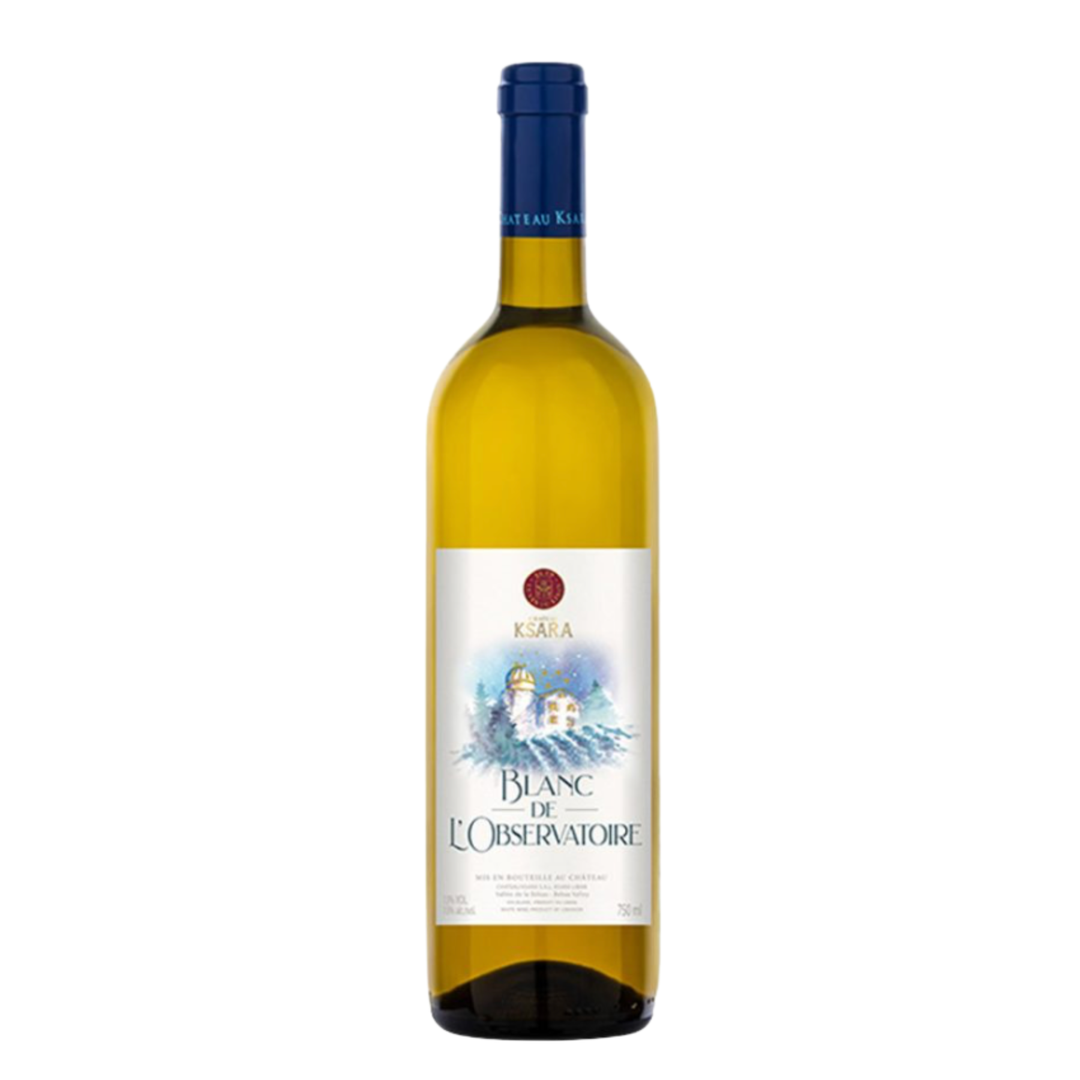 Bottle of Château Ksara Blanc de l'Observatoire 2021 white wine from Lebanon, a fresh blend of Clairette, Muscat and Sauvignon Blanc.