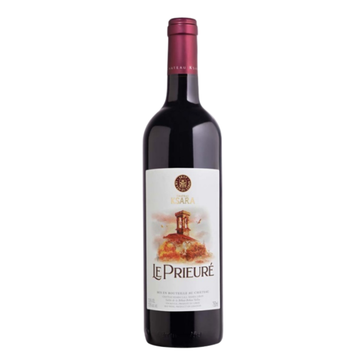Bottle of Château Ksara Le Prieuré 2019 red wine from Lebanon, a traditional Bekaa Valley blend of Carignan, Cinsault, Mourvèdre and Caladoc.