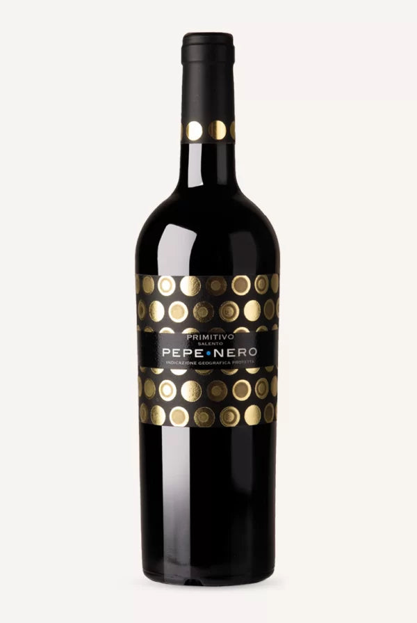 Bottle of Cignomoro Pepe Nero Primitivo 2021 from Salento, Italy, showing a red wine with a modern label. Italian Primitivo available for delivery in Singapore.