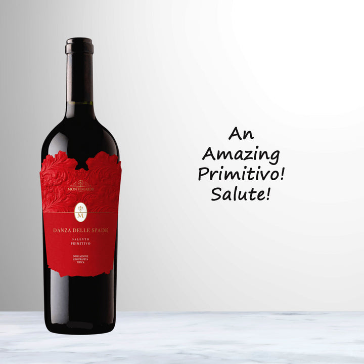 Bottle of Montemajor Danza delle Spade Primitivo 2020 red wine from Puglia, Italy.