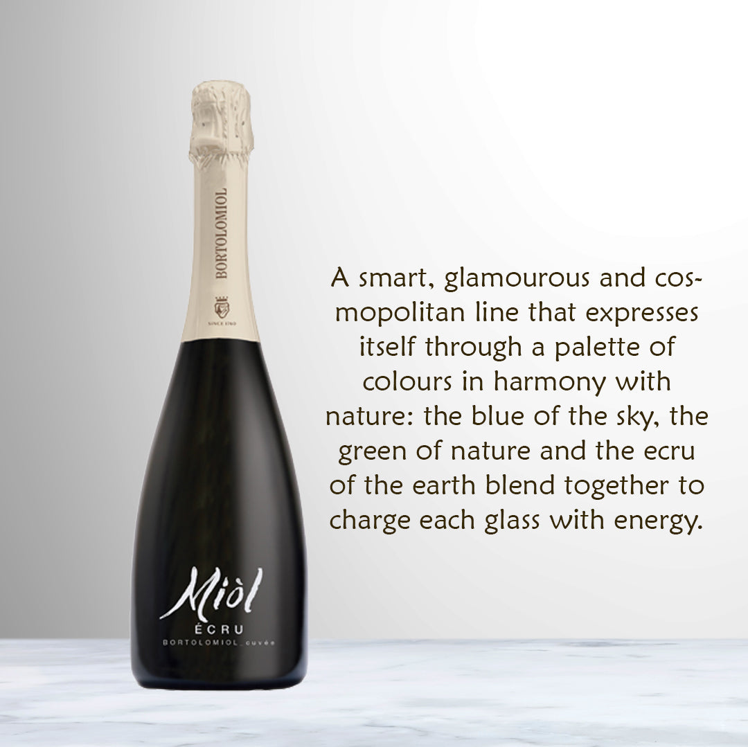 Bottle of Bortolomiol Miòl Écru Cuvée Extra Dry sparkling wine from Veneto, Italy.