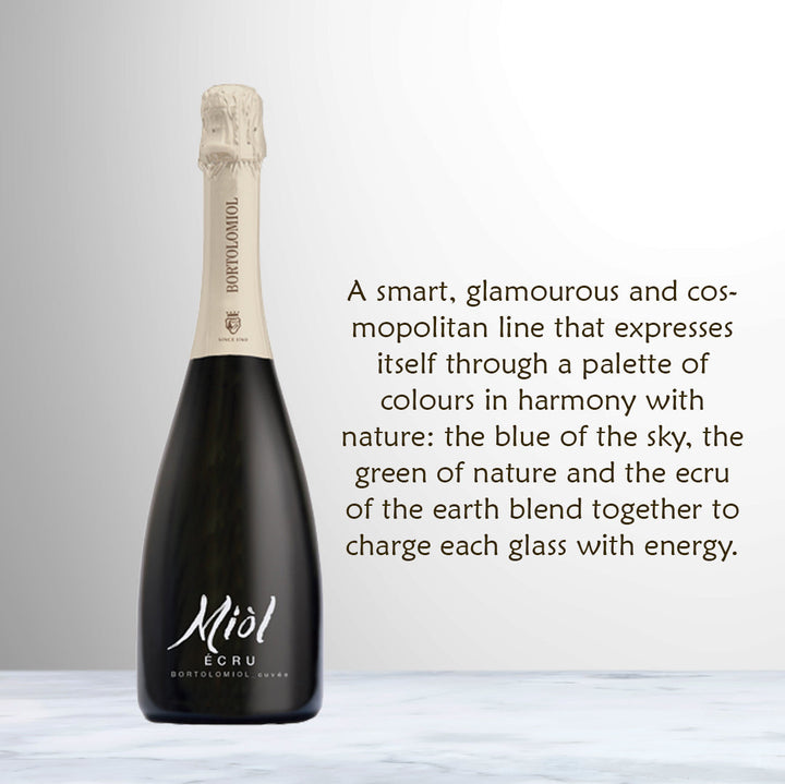 Bottle of Bortolomiol Miòl Écru Cuvée Extra Dry sparkling wine from Veneto, Italy.