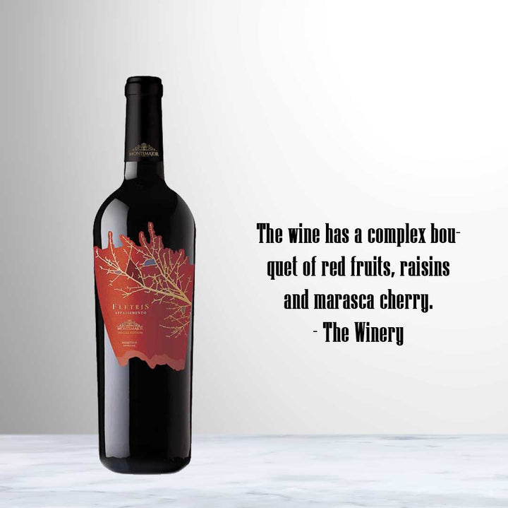 Bottle of Montemajor Fletris Primitivo IGT 2021 red wine from Puglia, Italy.
