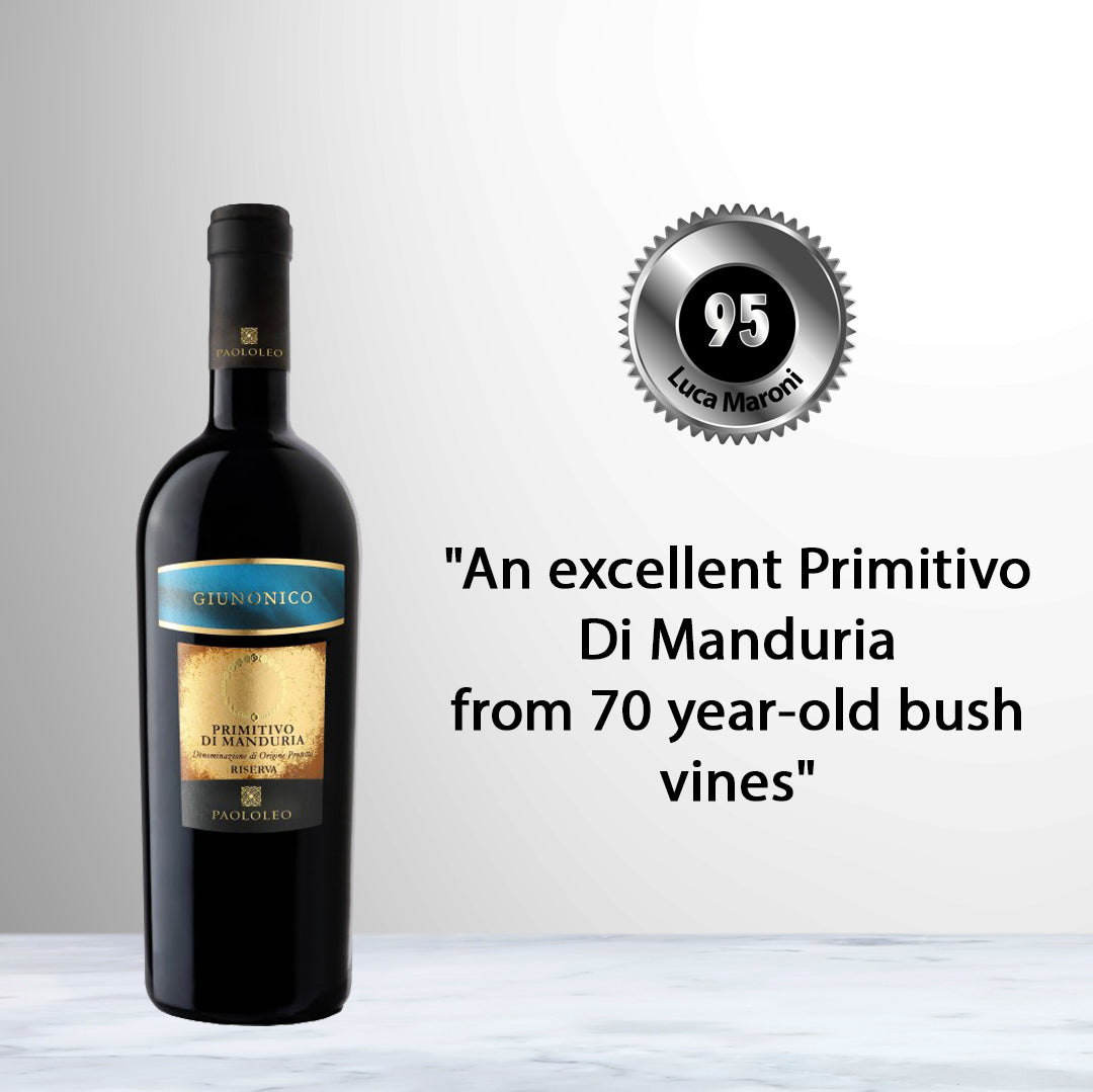 Bottle of Vigne di San Donaci Giunonico Primitivo di Manduria Riserva 2017 red wine from Puglia, Italy.