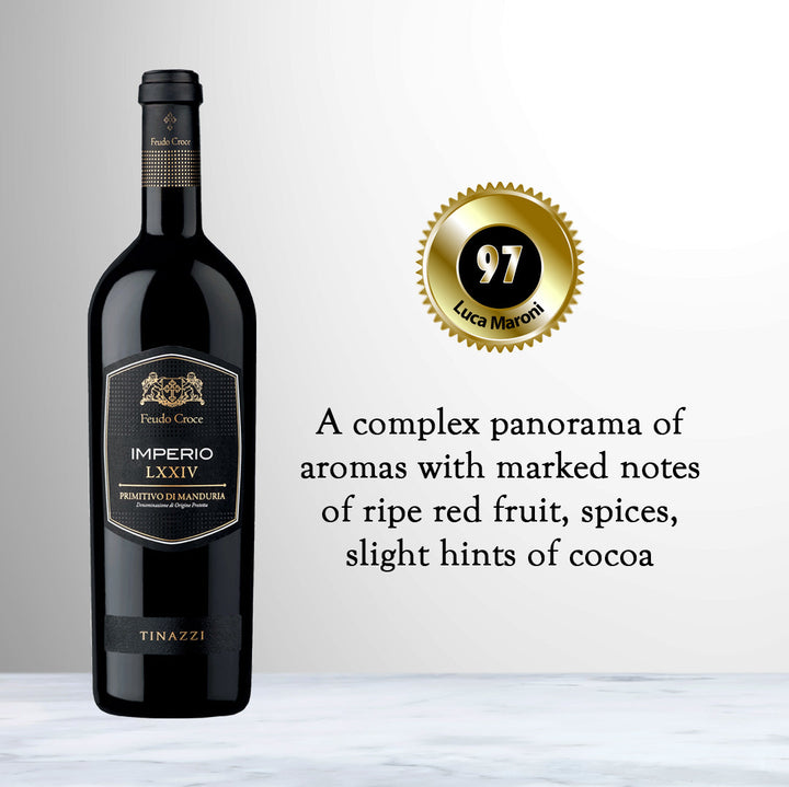 Bottle of Feudo Croce Imperio LXXIV Primitivo di Manduria 2021 red wine from Puglia, Italy, made from 100% Primitivo.