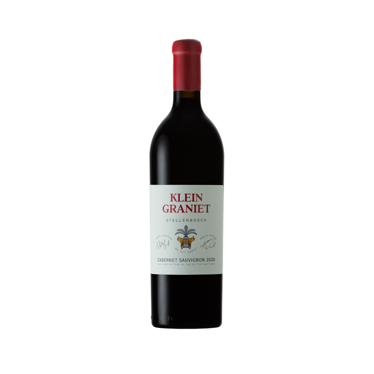 Bottle of Deux Frères Cabernet Sauvignon 2020 from Simonsberg, Stellenbosch, showing a deep garnet-red wine. Premium South African Cabernet Sauvignon available for delivery in Singapore.