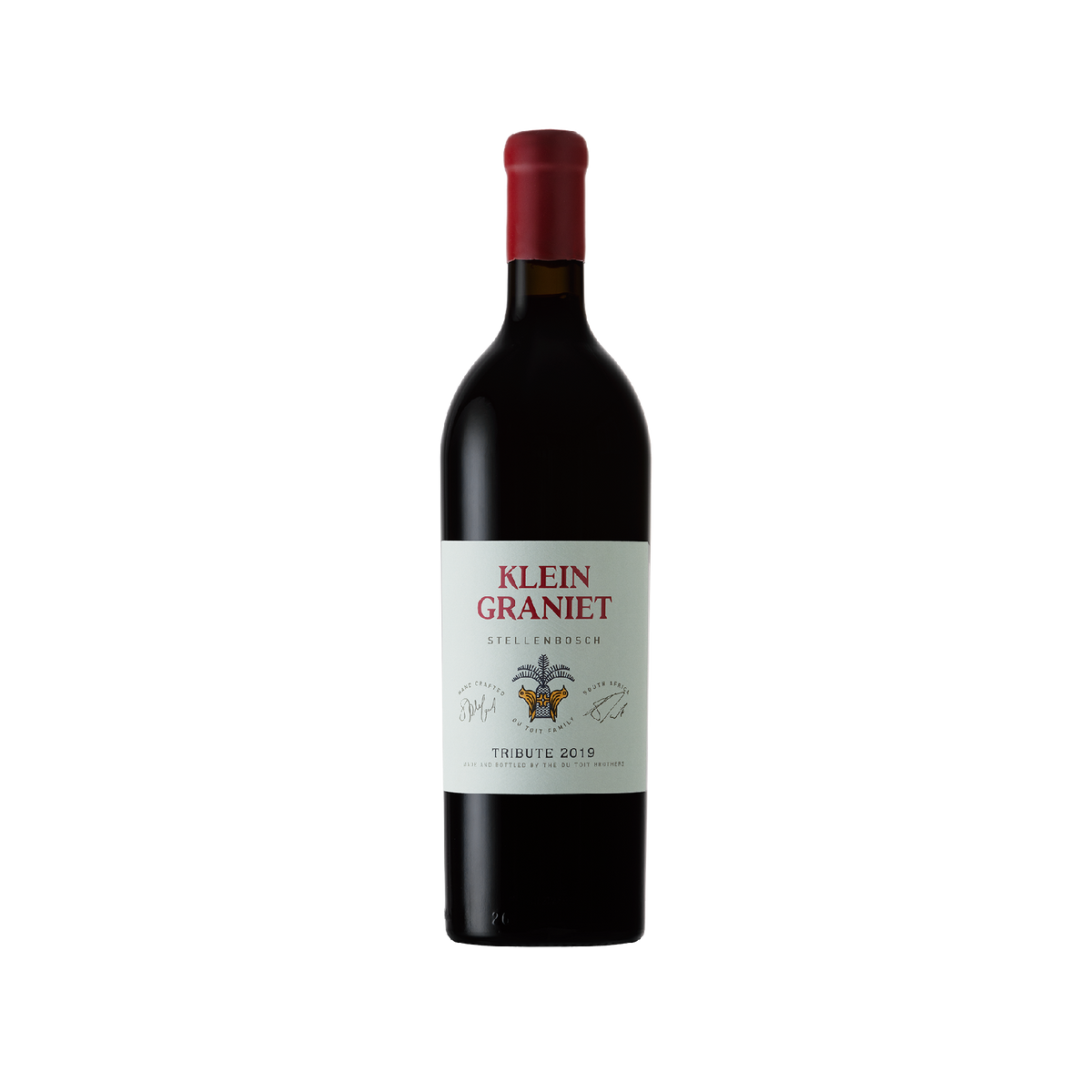 Bottle of Deux Frères Tribute 2019 from Stellenbosch, South Africa, showing a deep ruby-red wine. Premium South African red wine available for delivery in Singapore.