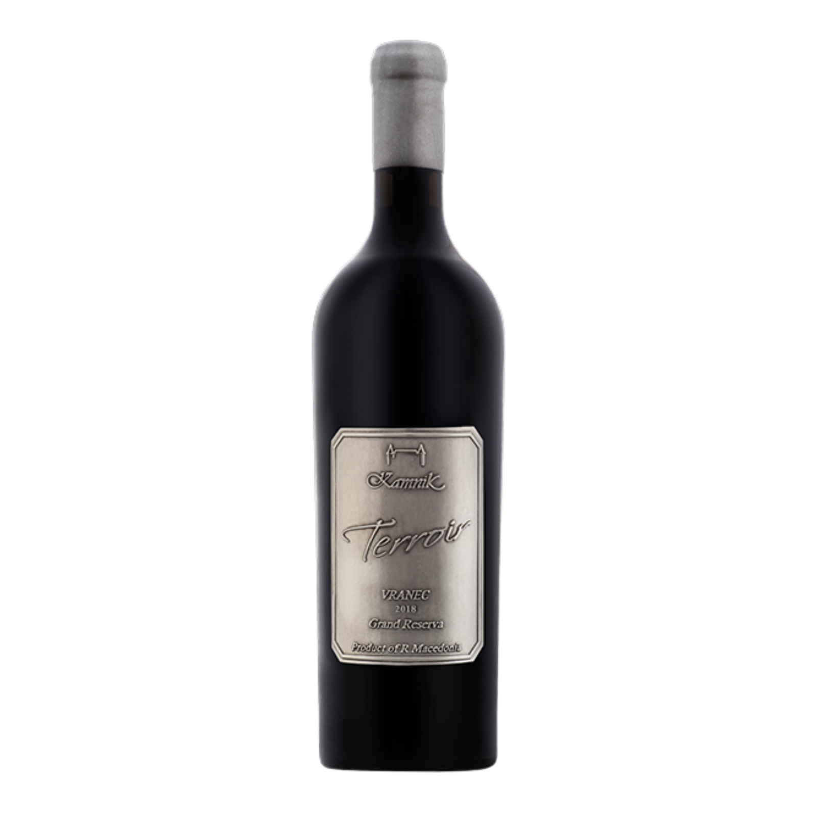 Bottle of Kamnik Terroir Vranec Grand Reserva 2018 premium red wine from North Macedonia made from 100% Vranec and aged for 24 months in French and American oak barrels.