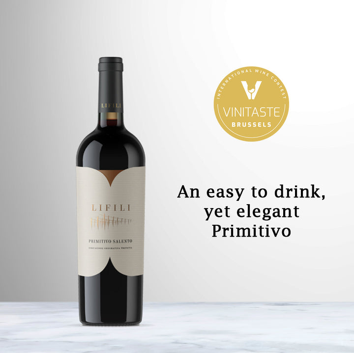 Bottle of A6mani Lifili Negroamaro Salento 2021 red wine from Puglia, Italy.