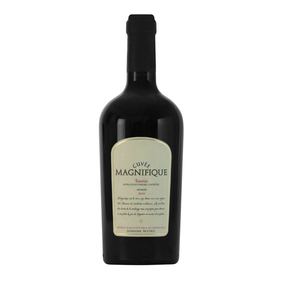 Bottle of Domaine Neferis Magnifique Cuvée Rouge 2023 Tunisian Syrah wine with blackberry, violet and pepper aromas.