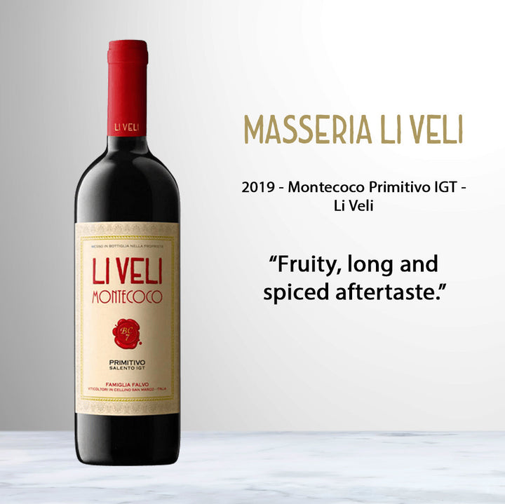 Bottle of Li Veli Montecoco Primitivo IGT 2020 red wine from Puglia, Italy.