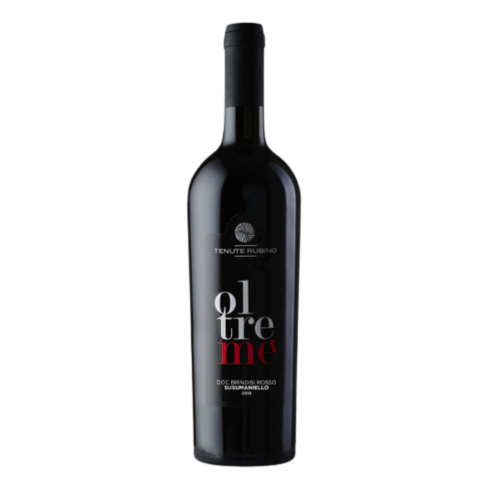 A bottle of Tenuta Rubino 'Oltre Me' red wine, featuring a dark glass bottle with a black label and capsule, on a plain white background.