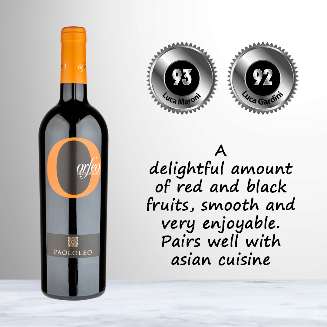 Bottle of PaoloLeo Orfeo Negroamaro IGP 2020 red wine from Puglia, Italy, made from 100% Negroamaro.