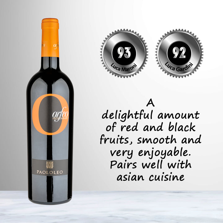 Bottle of PaoloLeo Orfeo Negroamaro IGP 2020 red wine from Puglia, Italy, made from 100% Negroamaro.