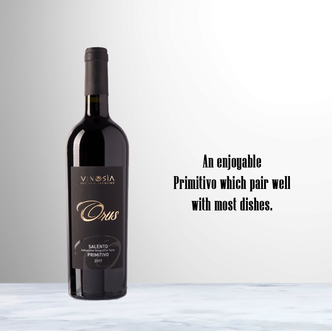 Bottle of Vinosia Orus Primitivo IGP 2020 Red Wine | Campania, Italy.