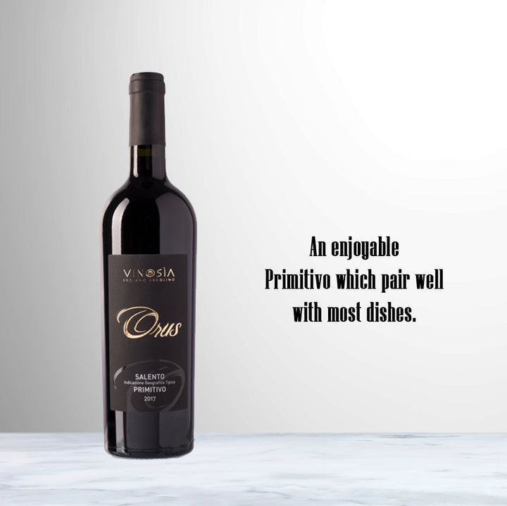 Bottle of Vinosia Orus Primitivo IGP 2020 Red Wine | Campania, Italy.
