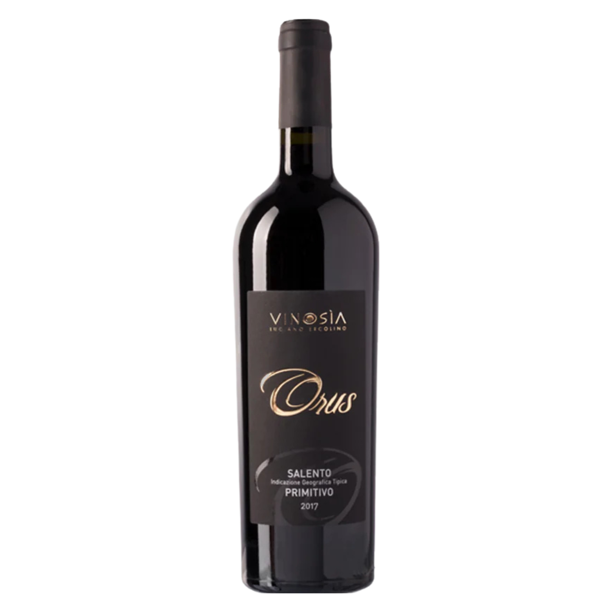 A bottle of Vinosia Orus Salento red wine, featuring a black label with elegant gold cursive lettering and a black screw cap, set against a plain white background.