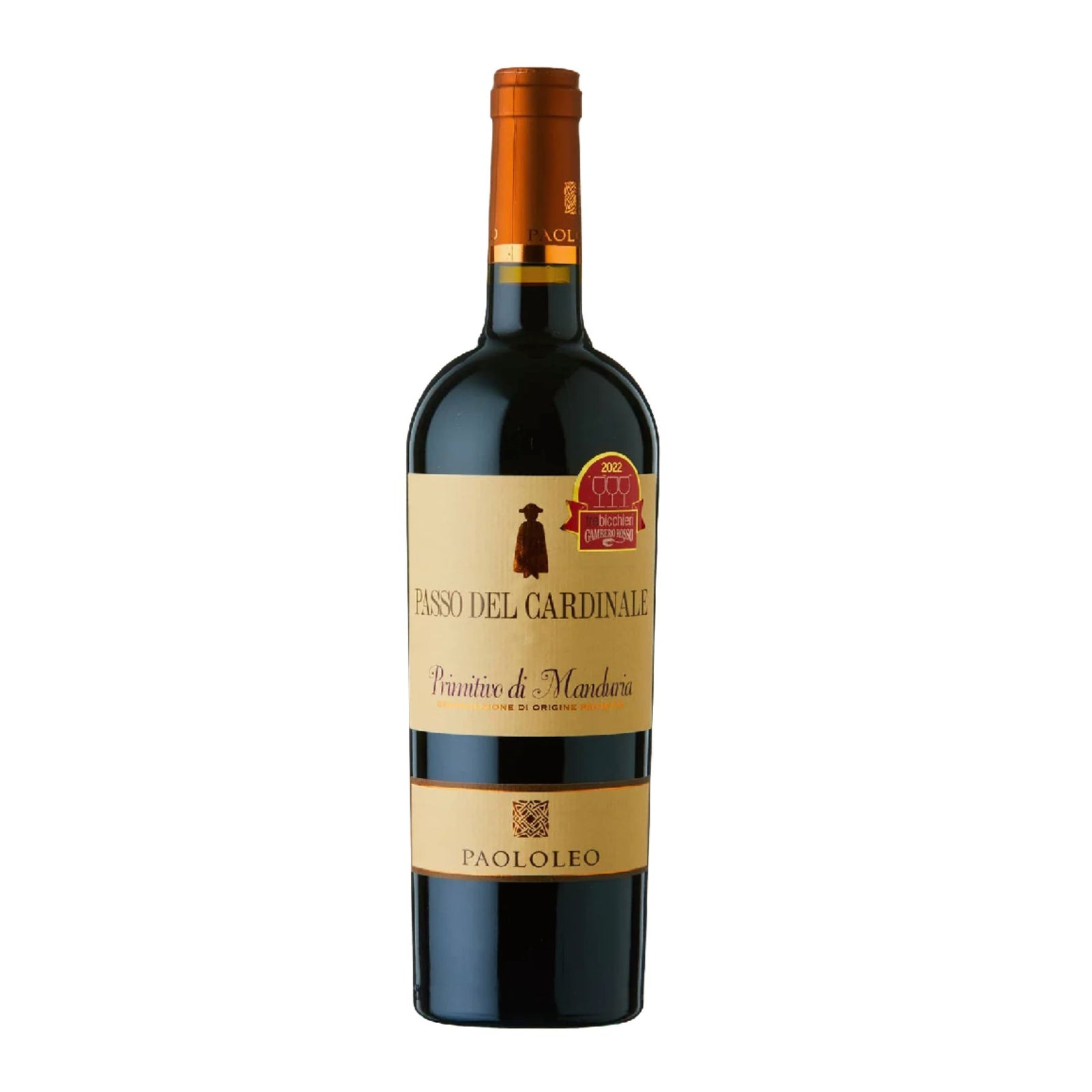 Bottle of Paololeo Passo del Cardinale Primitivo di Manduria 2022 from Puglia, Italy, showing deep ruby-red colour. Premium Italian red wine available for delivery in Singapore.