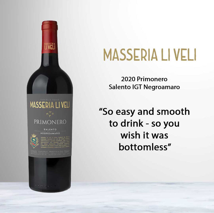Bottle of Li Veli Primonero Salento IGT Negroamaro 2020 red wine from Puglia, Italy.