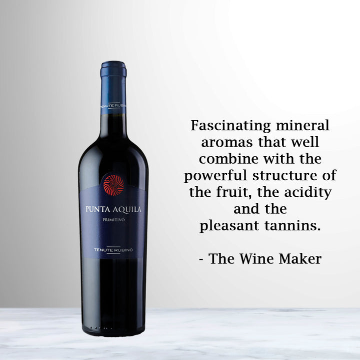 Bottle of Tenute Rubino Punta Aquila Primitivo IGT 2017 Red Wine | Salento, Italy.