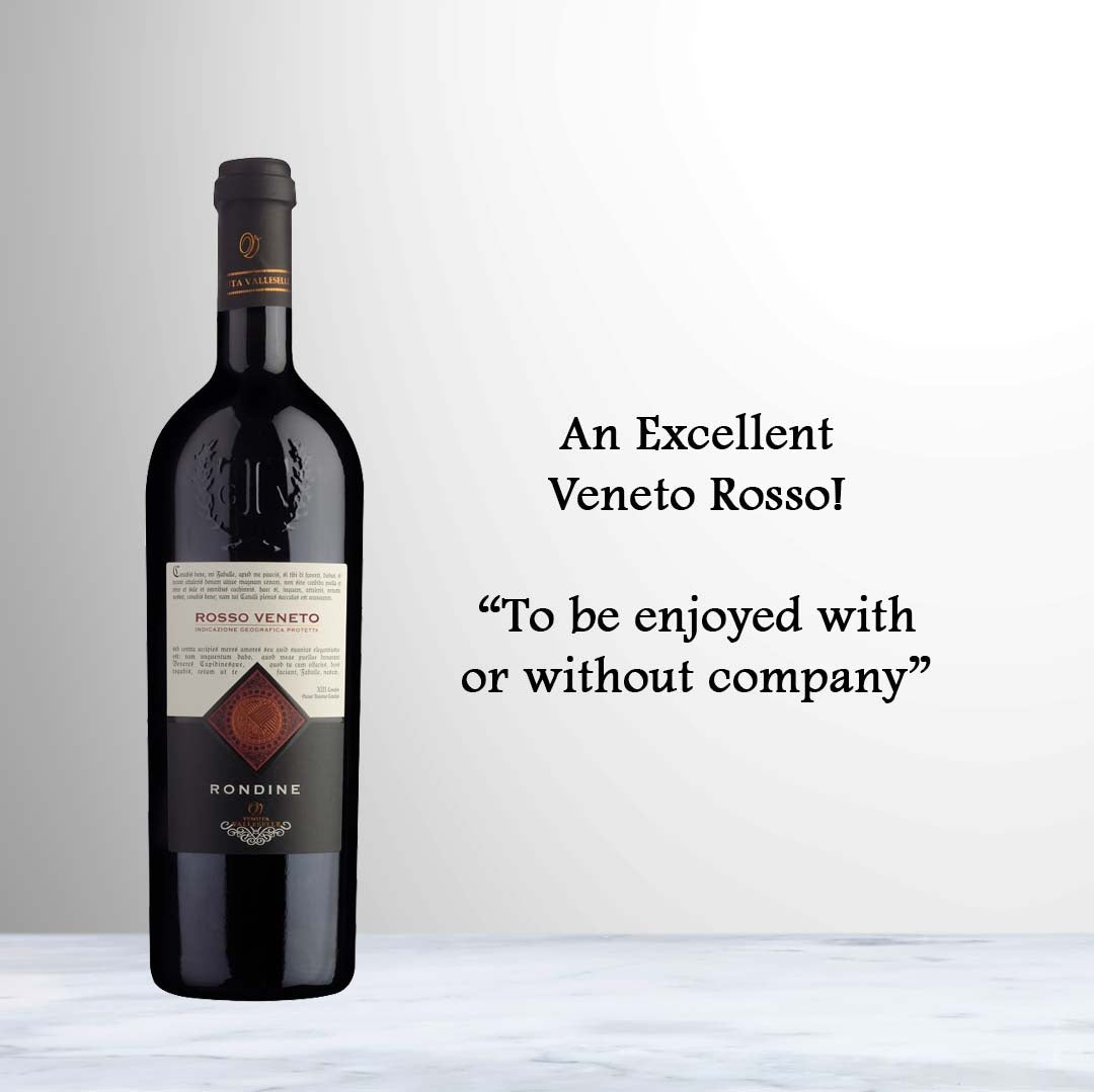 Bottle of Tenuta Valleselle Rondine Rosso Veneto 2020 Italian red wine from Veneto made with Corvina, Cabernet Sauvignon and Merlot.
