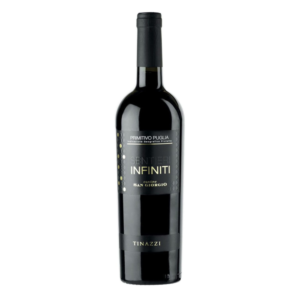 A bottle of Primitivo d'Prusia Infiniti red wine by Tenazzi, featuring a dark glass bottle with a black label and cap on a plain white background.