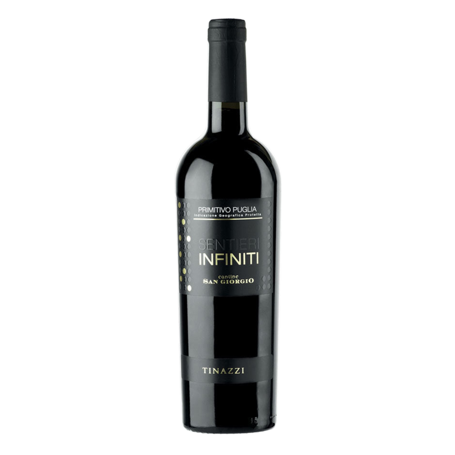 A bottle of Primitivo d'Prusia Infiniti red wine by Tenazzi, featuring a dark glass bottle with a black label and cap on a plain white background.