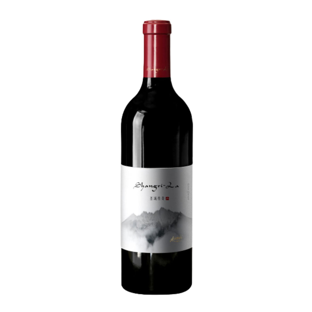 Bottle of Shangri-La Sacred Realm Legend Cabernet Sauvignon 2017 from Yunnan, China, showing a deep garnet red wine. Premium Chinese Cabernet available for delivery in Singapore.