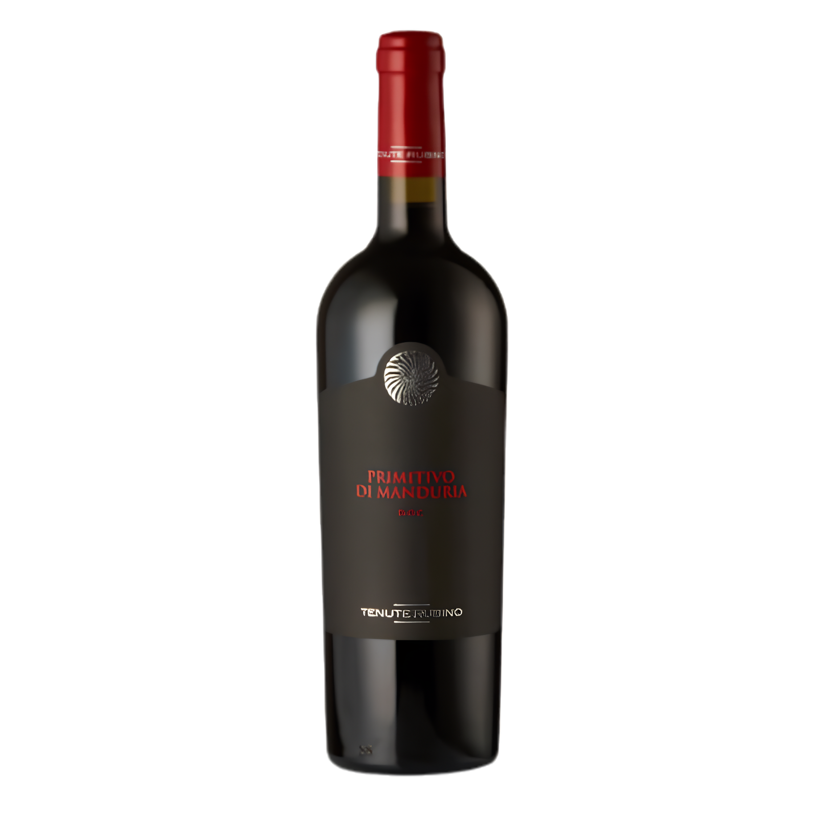 A bottle of Tenute Rubnio Primitivo di Manduria red wine, featuring a dark glass bottle with a black label and a red foil seal at the neck, set against a plain white background.