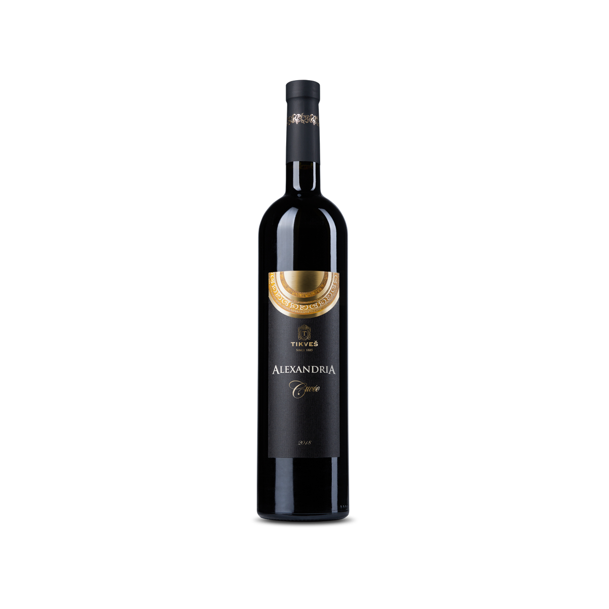 Bottle of Tikveš Alexandria Cuvée Red 2022 from North Macedonia, showing deep ruby colour and classic label. Premium Balkan red blend available for delivery in Singapore.