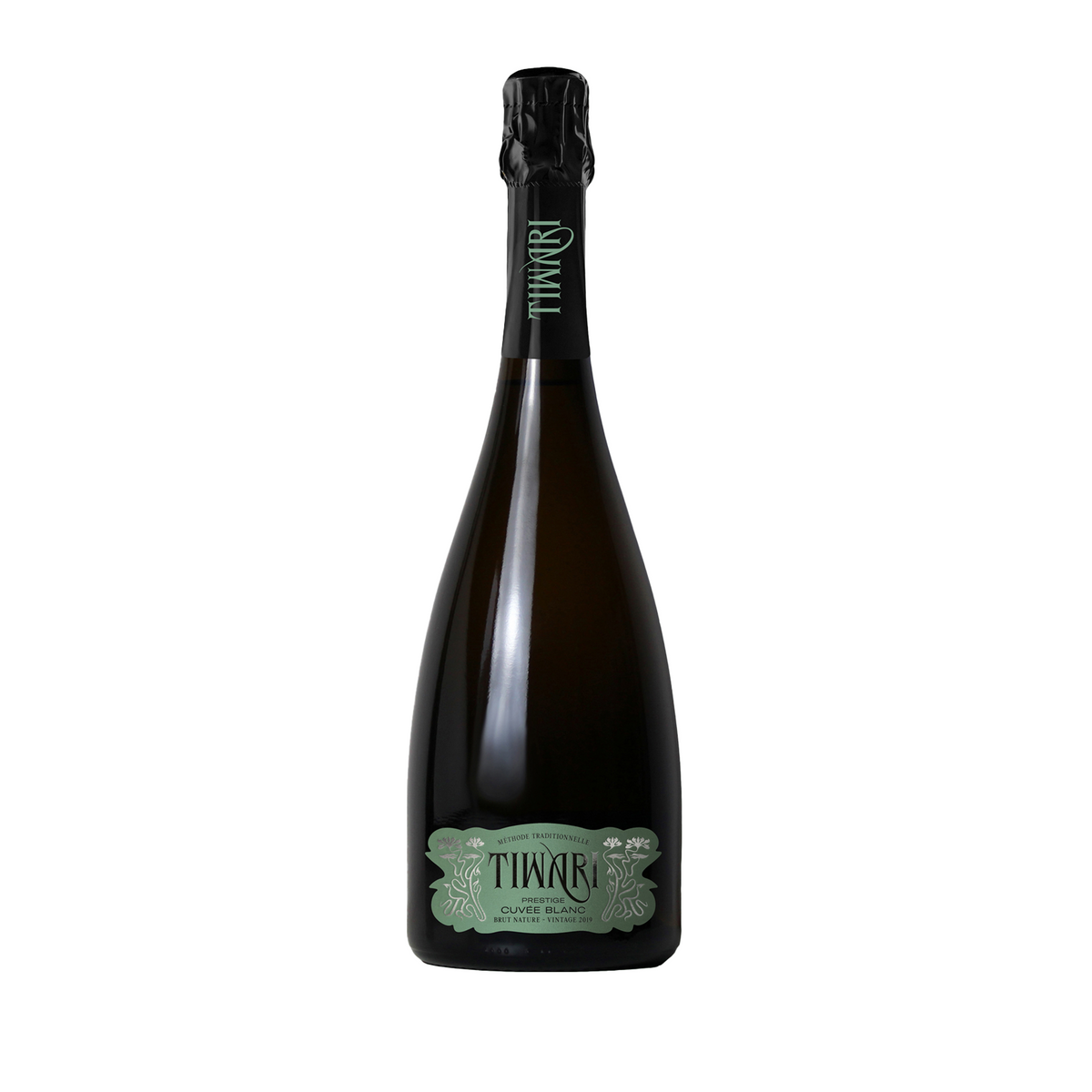 Bottle of Tiwari House Prestige Cuvée Blanc Brut Nature 2019 sparkling wine from Lake Balaton, Hungary with fine bubbles and mineral character. Champagne