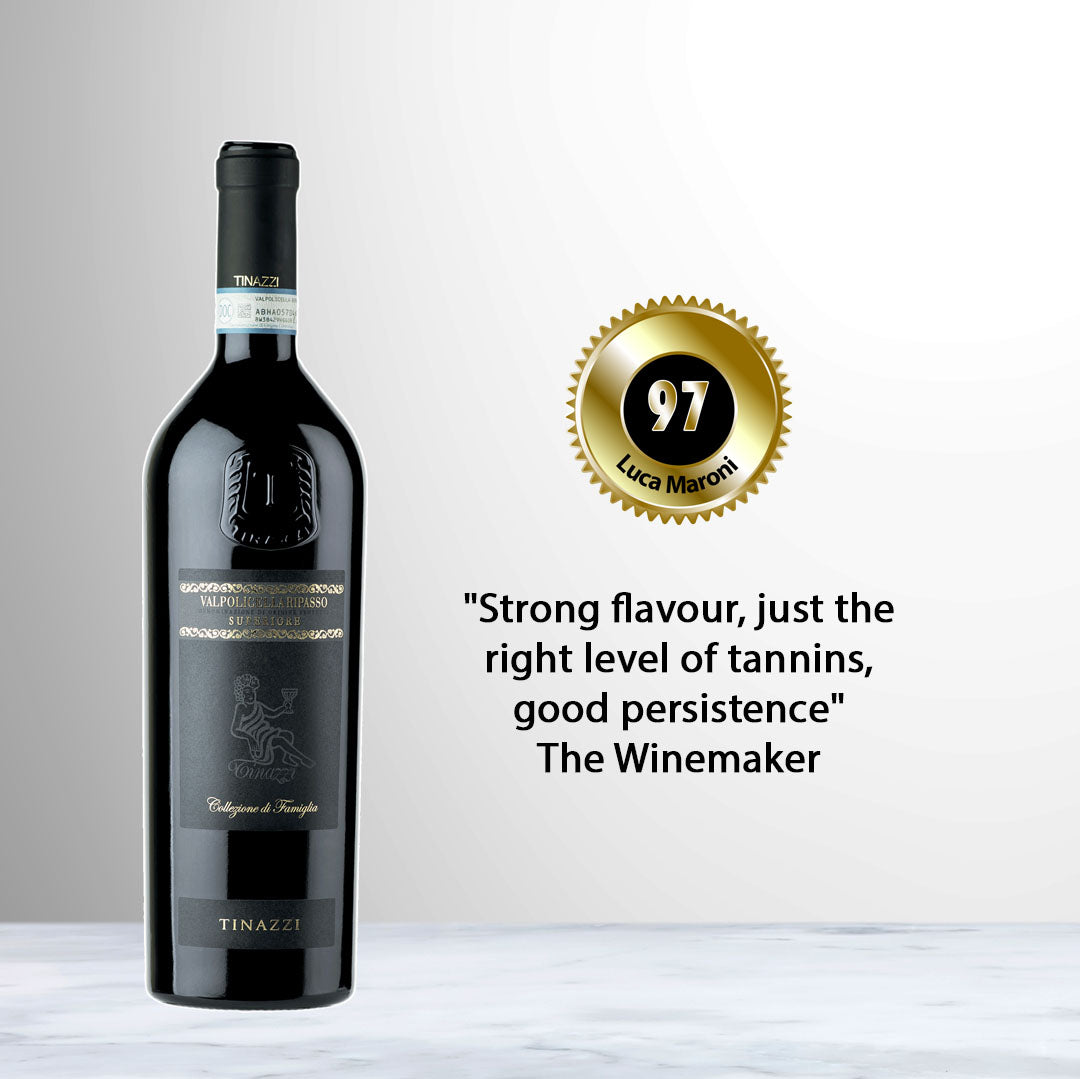 Bottle of Tinazzi Collezione di Famiglia Valpolicella Ripasso Superiore 2019 Italian red wine from Veneto.