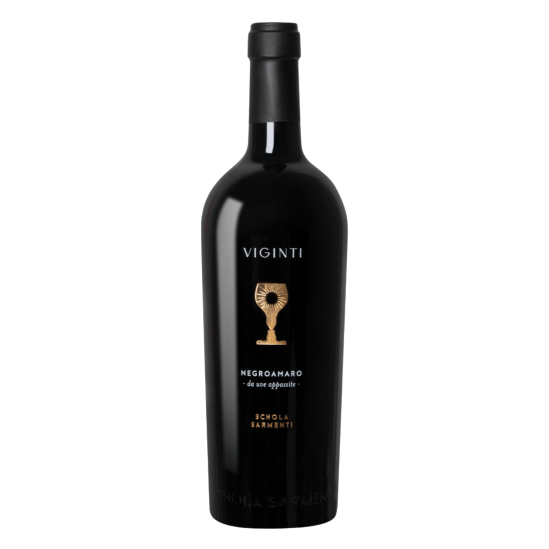 Bottle of Schola Sarmenti Viginti Negroamaro Salento IGT 2017, a limited-production old-vine Negroamaro from Puglia, Italy.