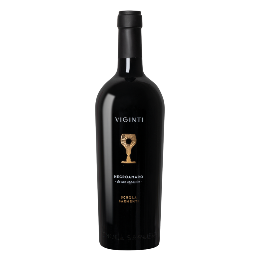 Bottle of Schola Sarmenti Viginti Negroamaro Salento IGT 2017, a limited-production old-vine Negroamaro from Puglia, Italy.