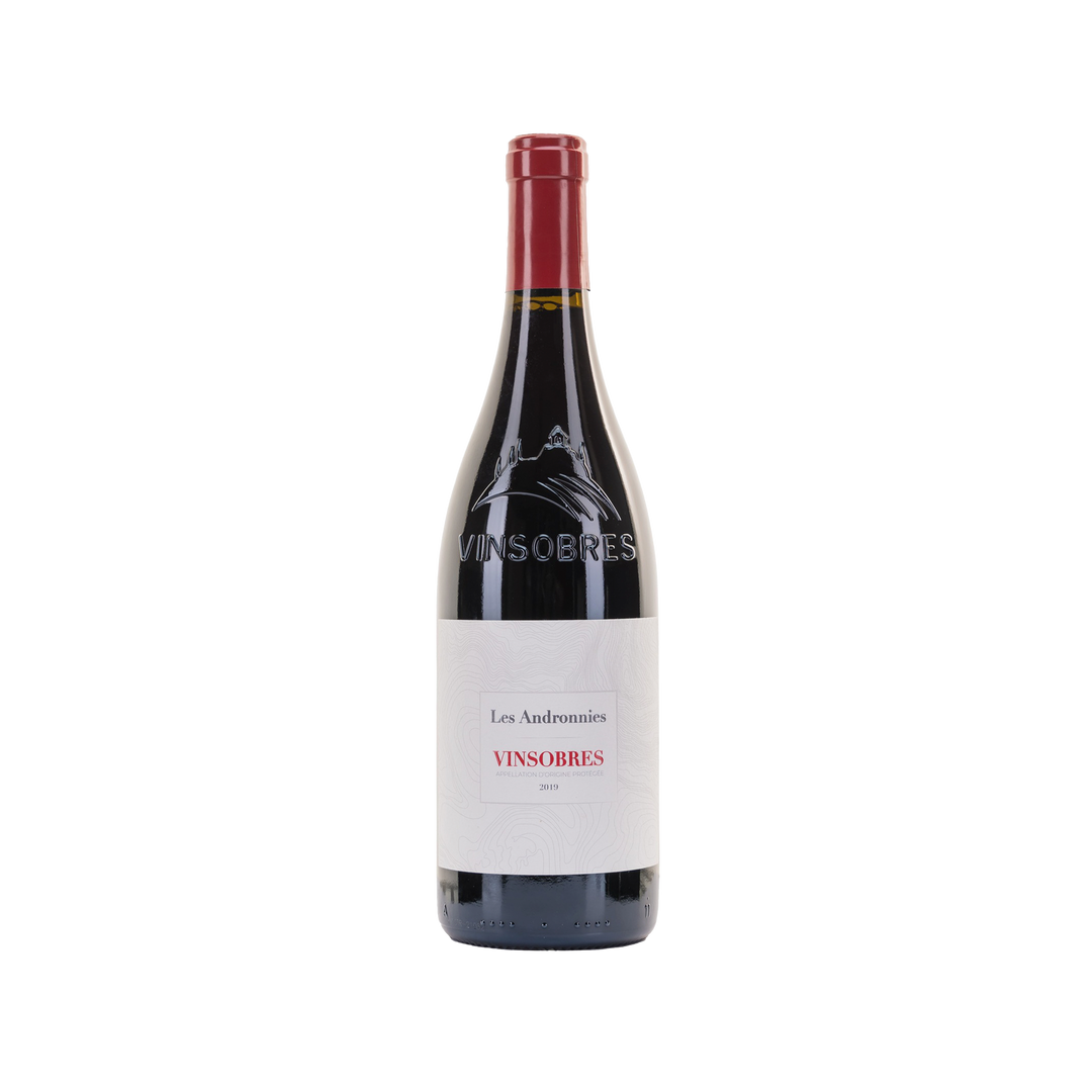 Bottle of Gigondas La Cave Les Andronnies Vinsobres 2019 Rhône Valley red wine with black fruit and violet aromas.